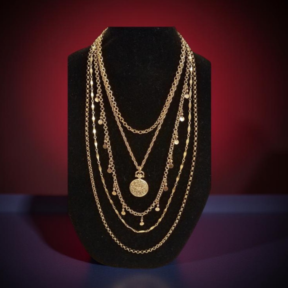 Napier Multi-chain Statement Bib Necklace faux Locket gold tone Vintage Vintage